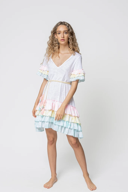 Woman in Ruffle Midi Dress Pastel