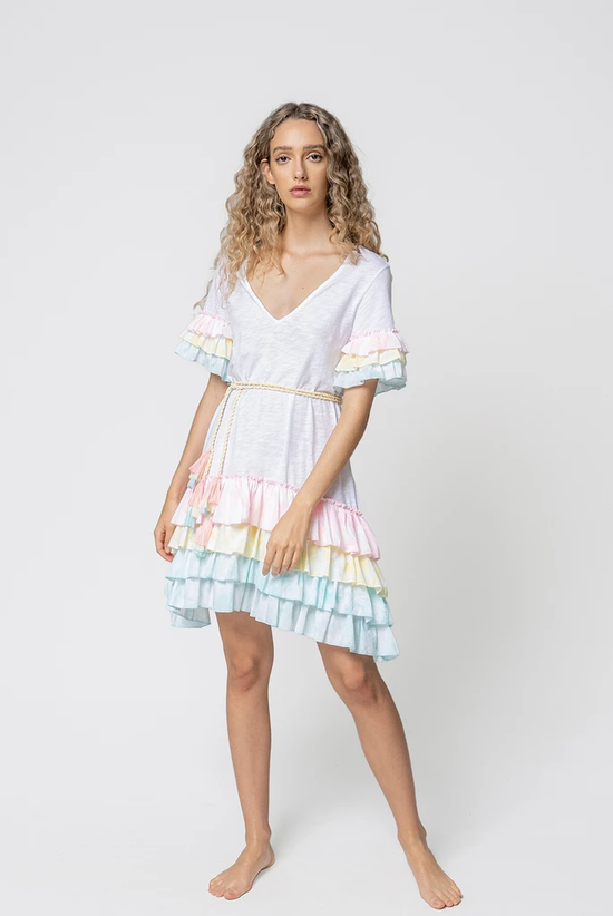 Load image into Gallery viewer, Woman in Ruffle Midi Dress Pastel
