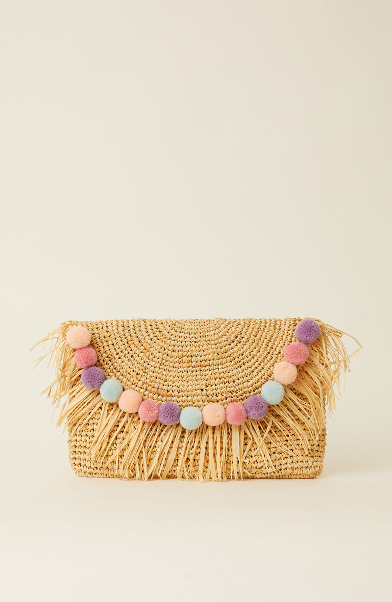 Sera Pompom Clutch Bag Natural/Pastel Rainbow