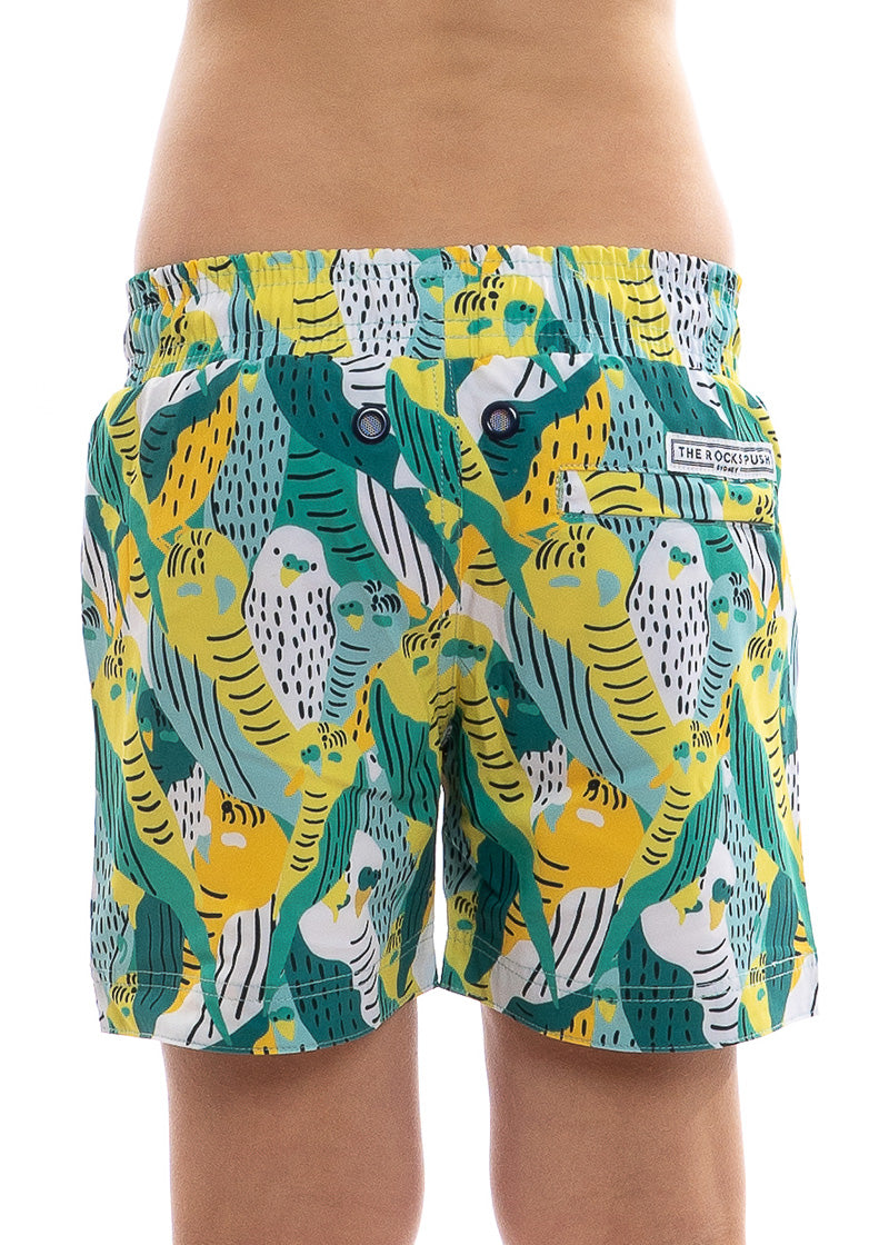 Boys Swimwear with Budgies Print | Drawstring Swim Shorts