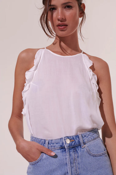 White Sleeveless Top with Ruffled Trim