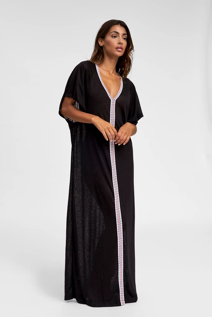 Load image into Gallery viewer, Woman in Pitusa&amp;#39;s beach kaftan, Inca Abaya Black with White Trim
