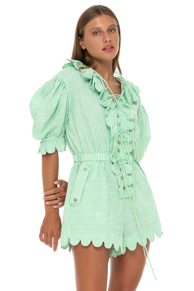 Yelena Scallop Short Playsuit Seersucker Green Apple - Playsuit