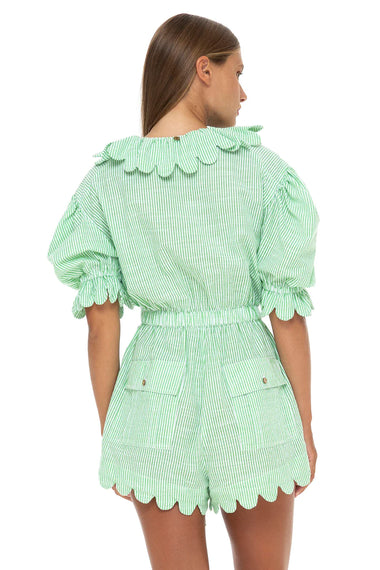 Yelena Scallop Short Playsuit Seersucker Green Apple - Playsuit
