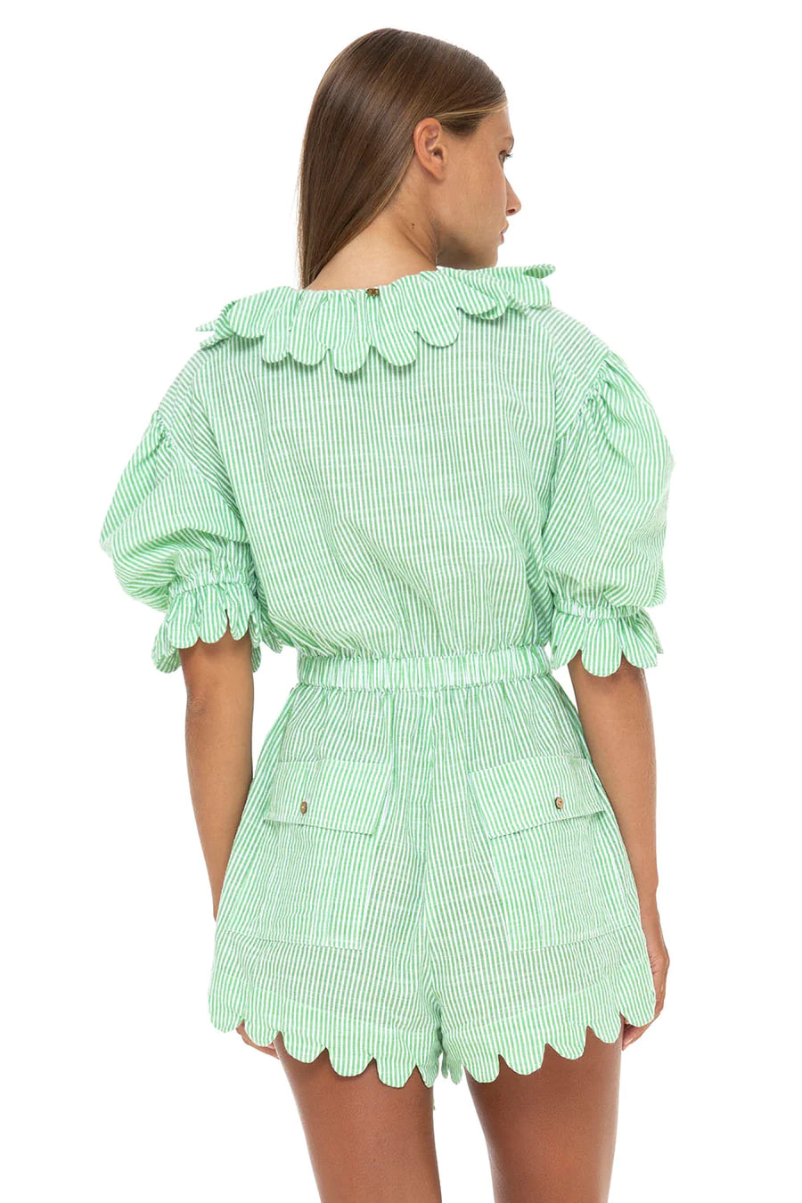Load image into Gallery viewer, Yelena Scallop Short Playsuit Seersucker Green Apple - Playsuit
