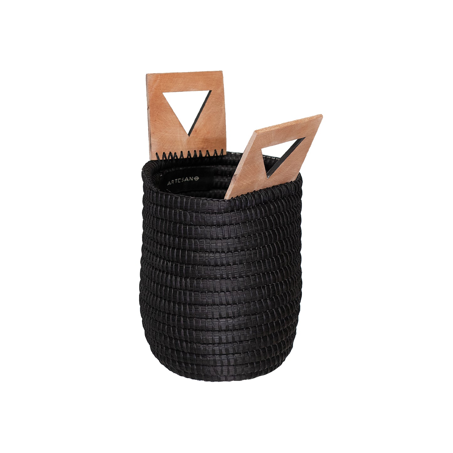Canoa Straw Bucket Bag Black & Wood Handle
