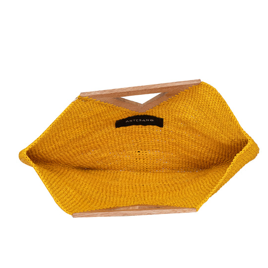 Load image into Gallery viewer, Jabiru Crochet Straw Flat Bag Mustard &amp;amp; Wood Handle
