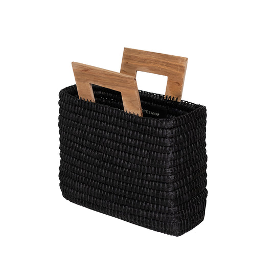 Manta Straw Bag Black & Wood Handle