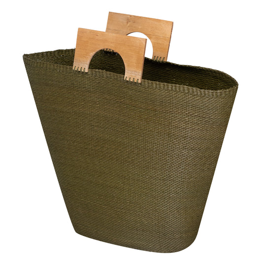 Sua Straw Tote Large Bag Olive Green & Wood Handle