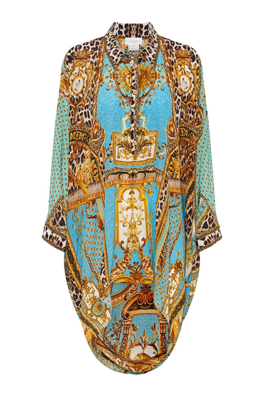 blue animal print top with crystal embellishment