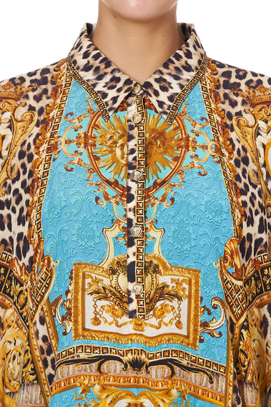 silk long sleeve top with structured collar