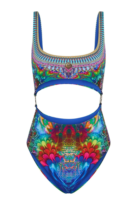 Multicolour Embellished Swimsuit with Cut Out