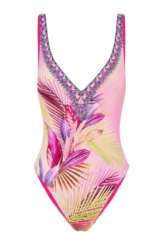 Pink One Piece Swimsuit with Deep V Neck