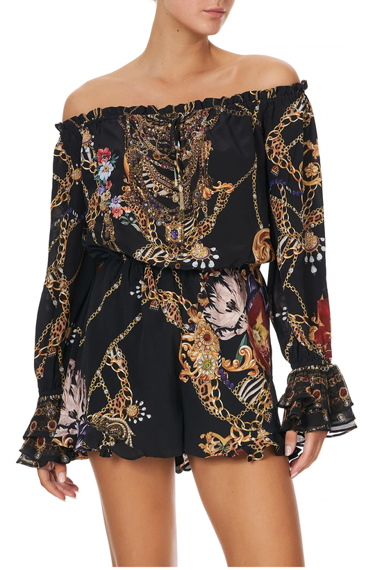 Load image into Gallery viewer, Black and Gold Playsuit with Leopard Print
