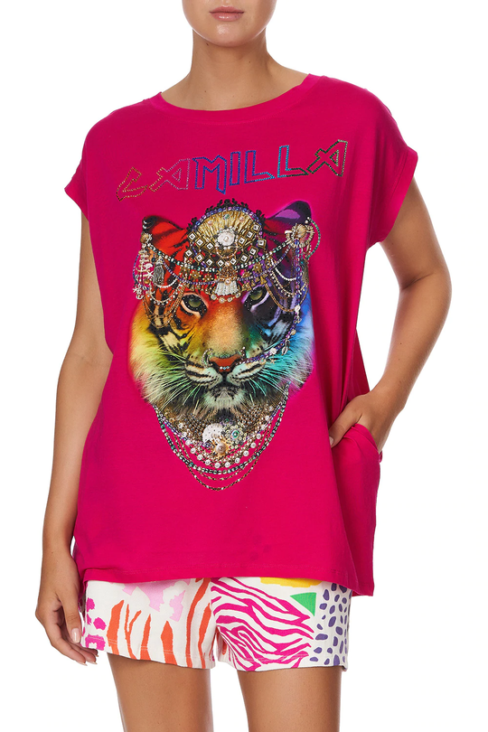 Tiger Print T Shirt in Bright Pink