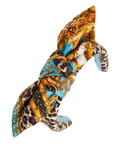 Embellished Silk Headband in Blue/Gold