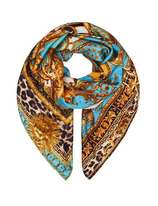 Camilla Printed Silk Scarf in Blue/Gold 