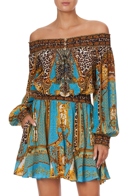 off shoulder short dress with crystal embellishment