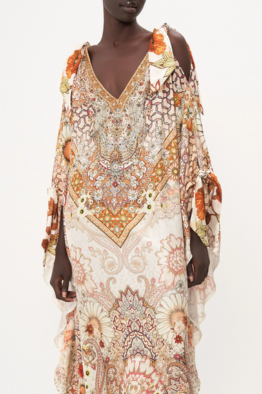 Camilla Silk Kaftan in Ivory/Orange