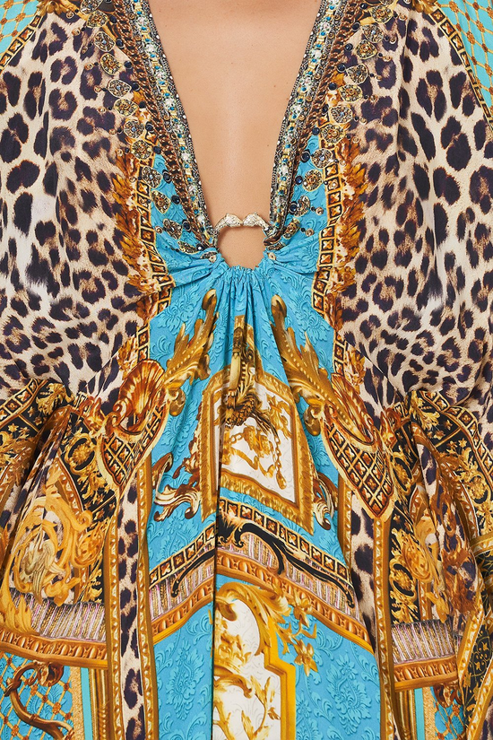 Silk Kaftan Maxi Dress in Blue/Gold