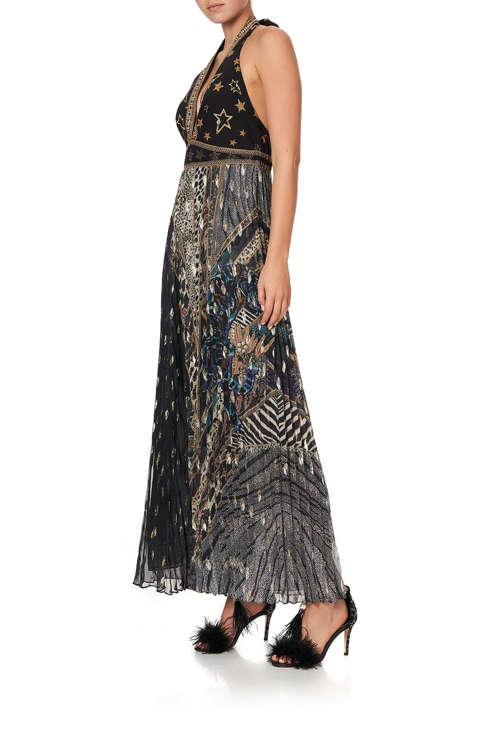 Load image into Gallery viewer, Black Halter Neck Jumpsuit with Feline Print
