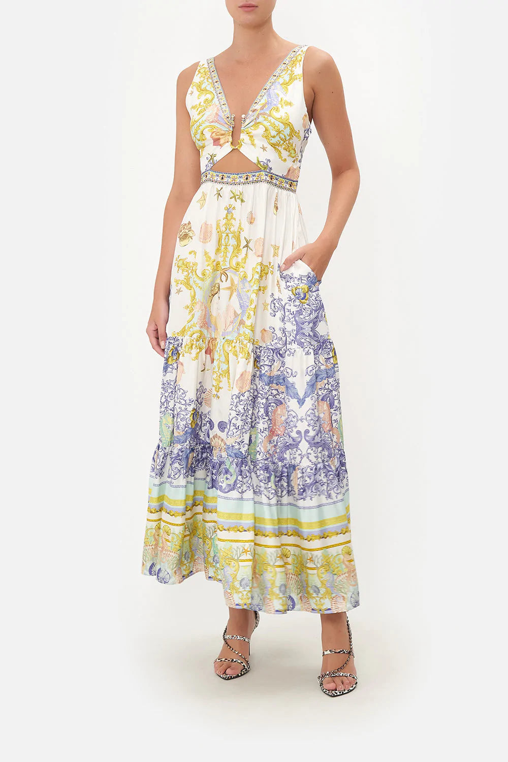 Load image into Gallery viewer, Camilla Cut Out Maxi Dress in Sea Horse Print 
