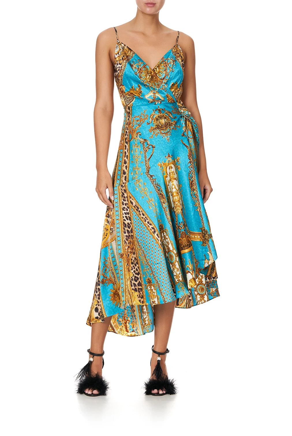 Sexy Summer Dress with Crystal Embellishment Blue Midi Wrap Dress