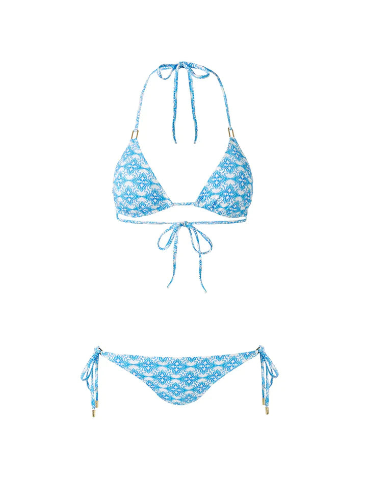 Tie back fastening and golden trims detail on triangle bikini top