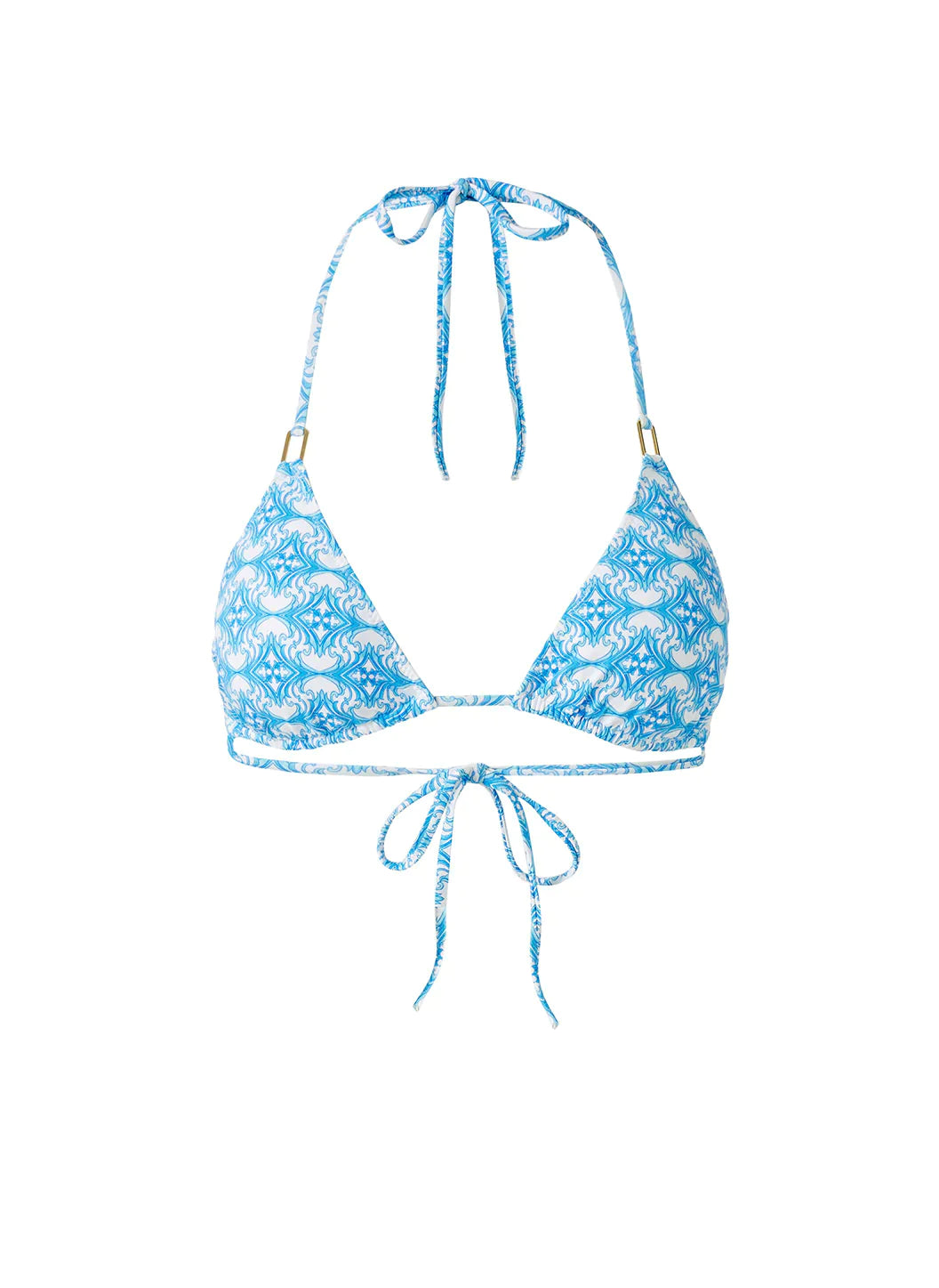 Load image into Gallery viewer,  Close-up of blue diamond print bikini top with tie back fastening
