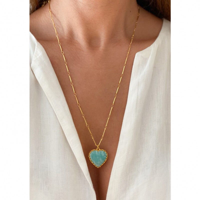 Womens Chain Link Heart Necklace - Turquoise Cashmere Amazonite