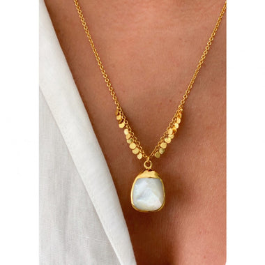 Close-up of gold sequin embellishments on necklace