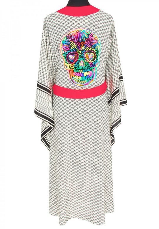 Desert Tribe Long Kimono Skull Neon Coral