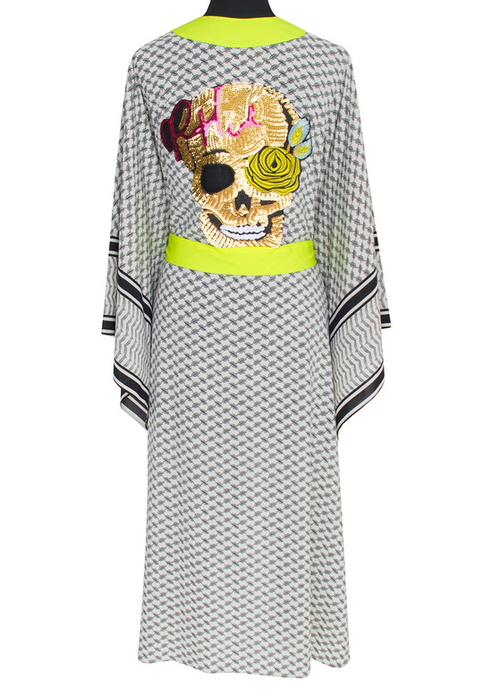 Load image into Gallery viewer, Tribe Kimono Skull Neon Yellow Long - Kimono
