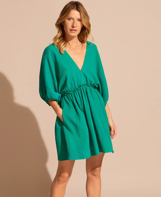 Load image into Gallery viewer, Womens V Neck Mini Dress in Green
