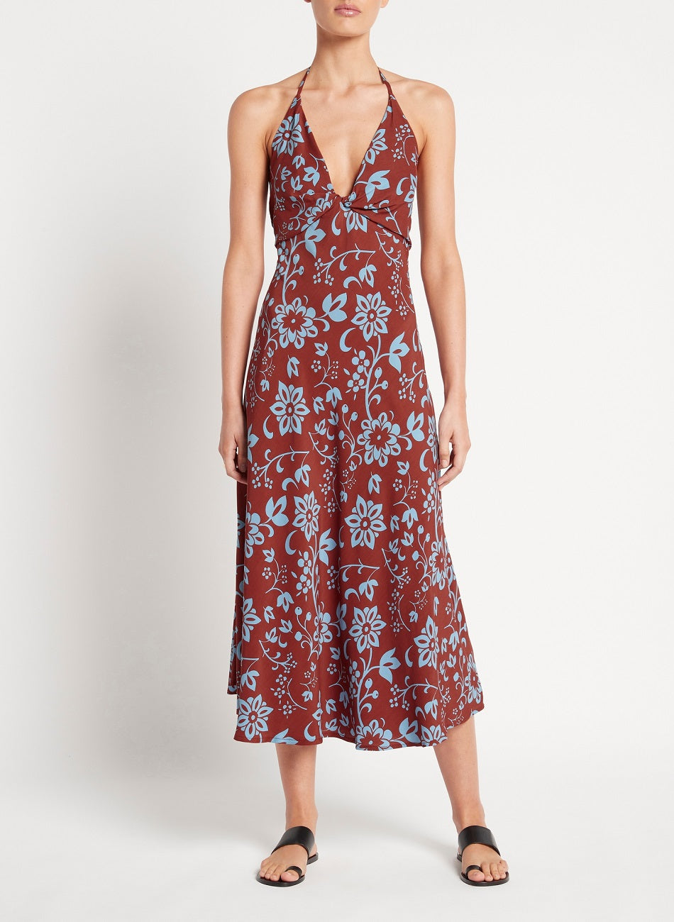 Load image into Gallery viewer, Brown/Blue Floral Halter Dress
