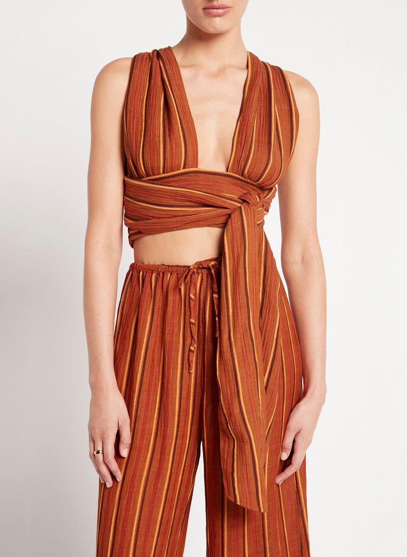 Wrap Crop Top in Orange/Brown Stripes