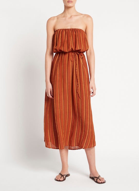 Load image into Gallery viewer, Strapless Midi Dress in Orange/Brown Stripes
