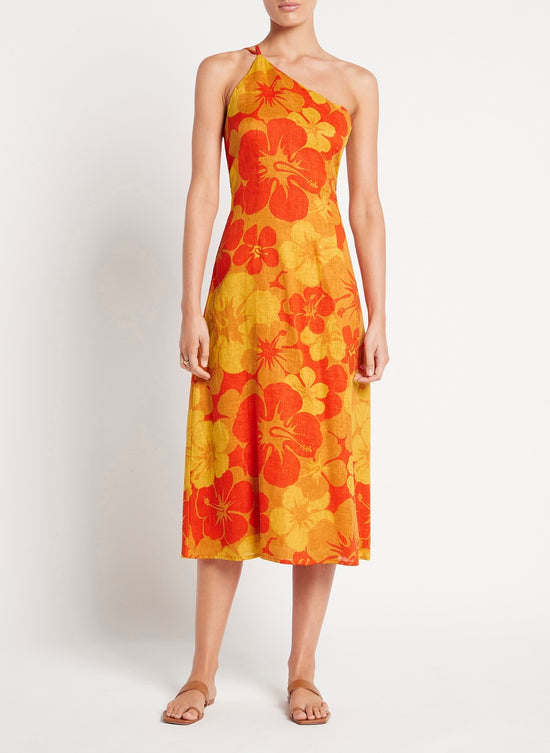 Orange One Shoulder Dress with Floral Print