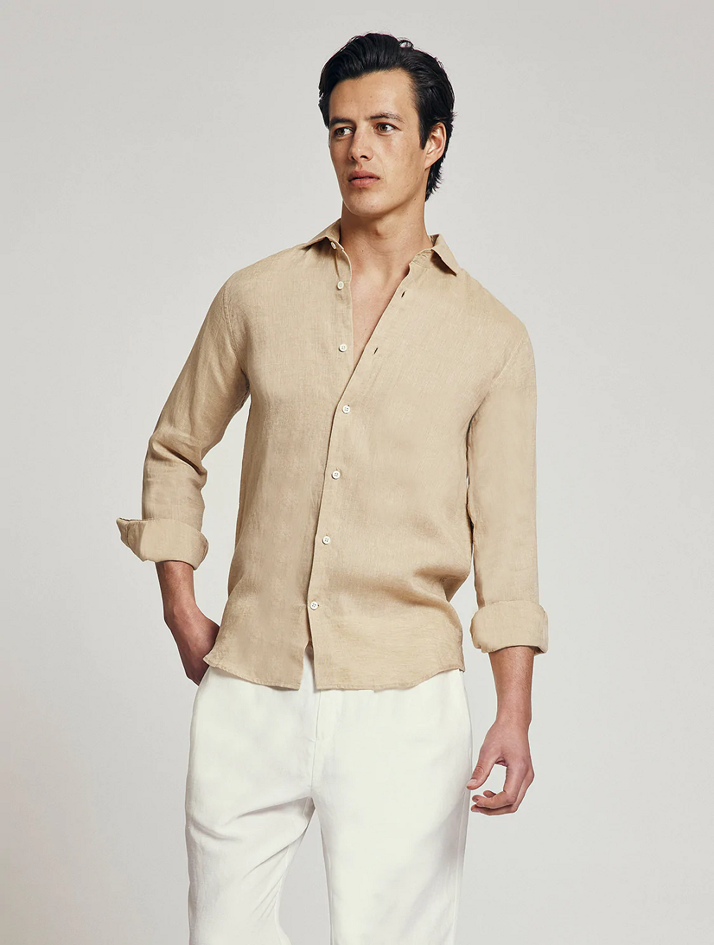 Load image into Gallery viewer, Linen Long Sleeve Shirt in Beige
