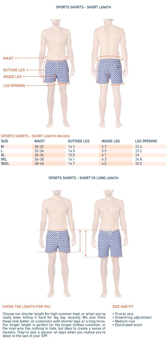 Size Chart for Mens Printed Swim Shorts