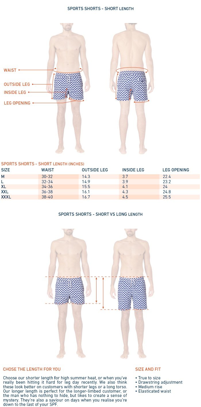 Size Chart for Short Swim Trunks for Men