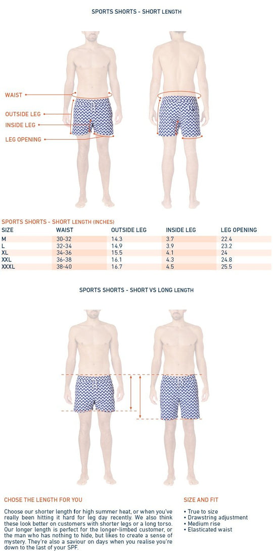 Size Chart for Short Swim Trunks for Men