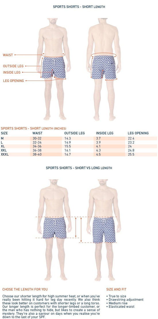 Size chart for men's designer swim trunks 