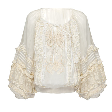 Blouson Lace Decorated White/Ecru/Silver - Top