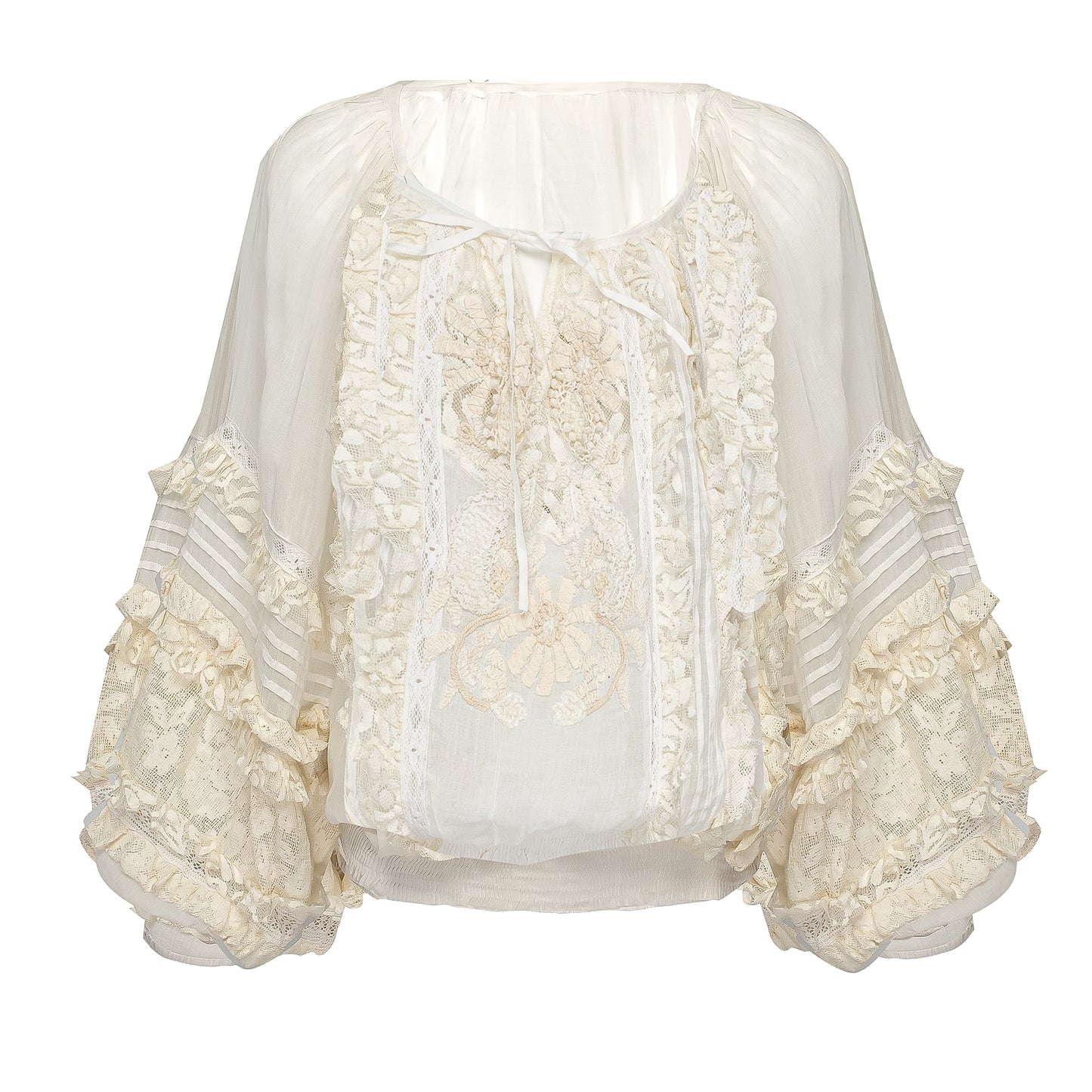 Load image into Gallery viewer, Blouson Lace Decorated White/Ecru/Silver - Top

