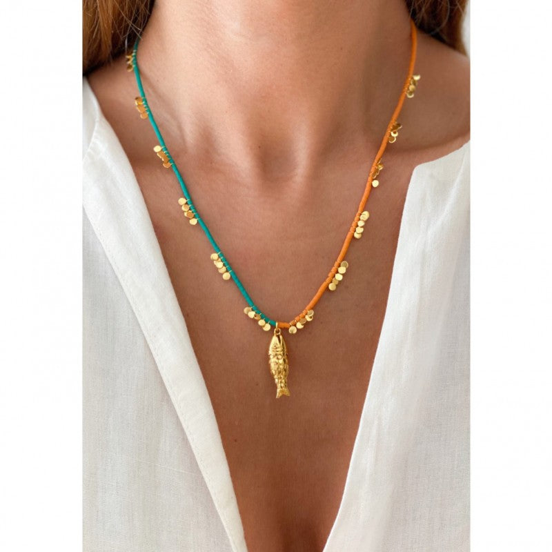Agate Beaded Necklace - Gioia Two Tone Boho Beach Jewelry