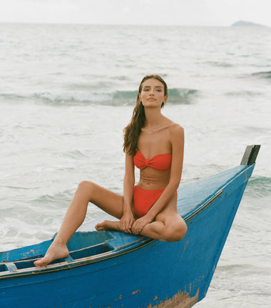 Strapless Bikini Set in Red | Bandeau Bikini Set in Crinkle