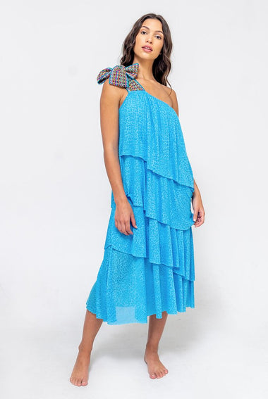 One Shoulder Bow Dress Blue - Dress