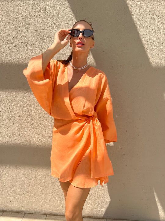 Short Sleeve Dress Linen Orange
