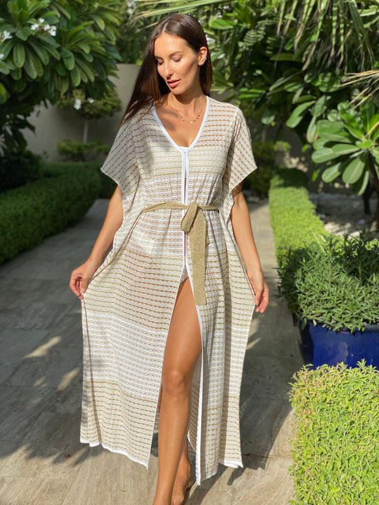Load image into Gallery viewer, Two Tone Drop Stitch Knit Maxi Open Kaftan with Belt White/Gold
